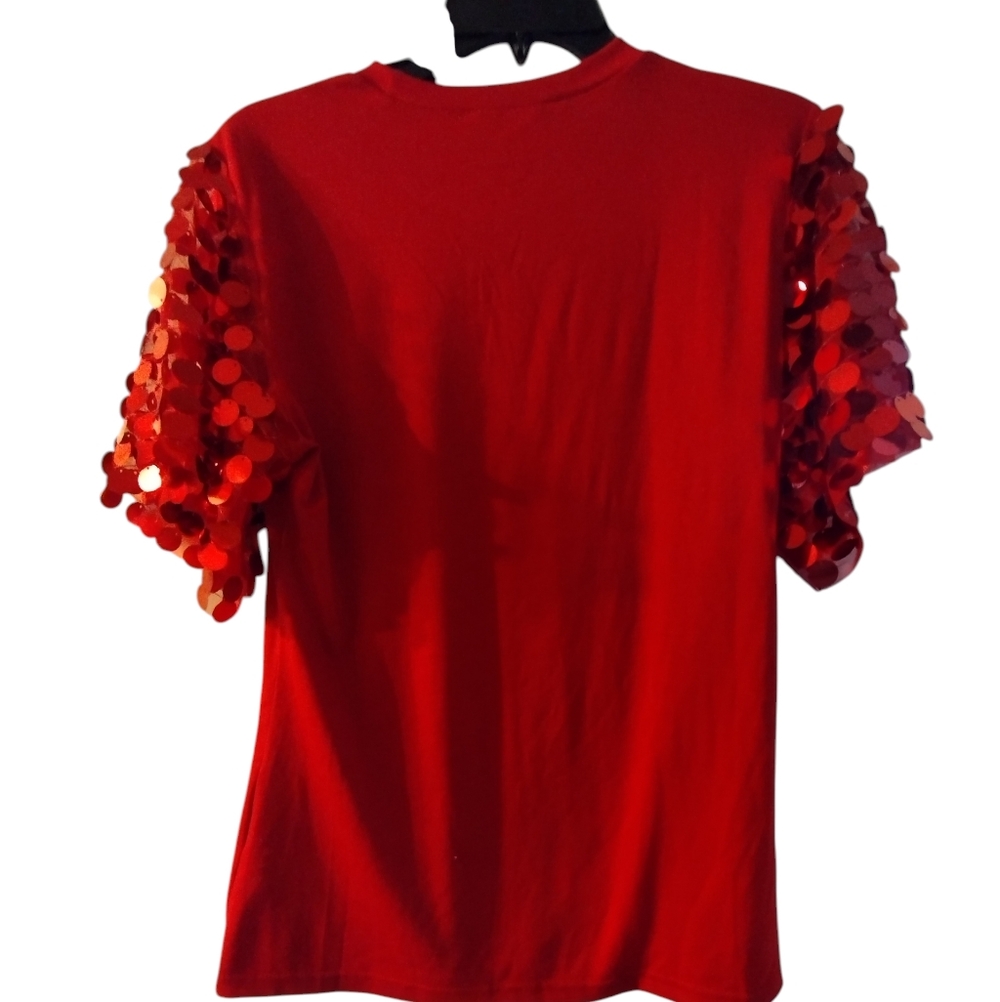 NWT Red Pull Over Short Sleeve Soft Top Shirt with Sequin Sleeves Medium - Picture 3 of 5